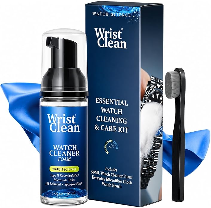 Essential Watch Cleaning Kit | Safe on all Metals & Crystals | (1x) Watch Cleaner Foam 50ML, (1x) Everyday Watch & Jewelry Cleaning Cloth 10"x10", (1x) Watch Cleaning Brush | USA Made (3 piece set)