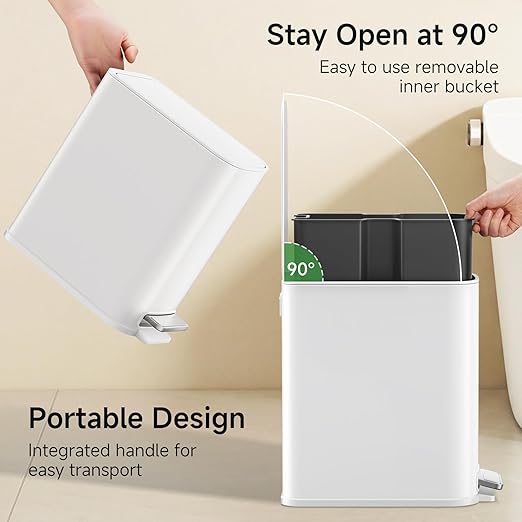 TIPGO Small Bathroom Trash Can with Lid Soft Close, Step Pedal, 1.3 Gallon / 5 Liter Stainless Steel Slim Garbage Can for Office, Diaper Waste Basket with Removable Inner Bucket (White)