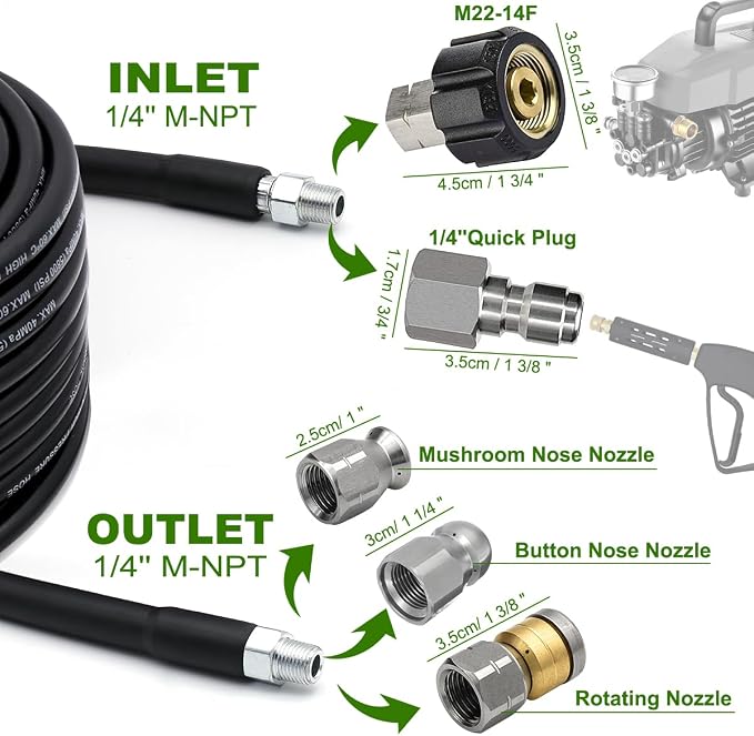 WEST BAY Sewer Jetter Kit 25 FT for Pressure Washer, 5800 PSI Drain Cleaner Hose 1/4 Inch NPT Corner Rotating and Button Nose Sewer Jetting Nozzle Spanner WatertightTape Pearl Corsage Pin