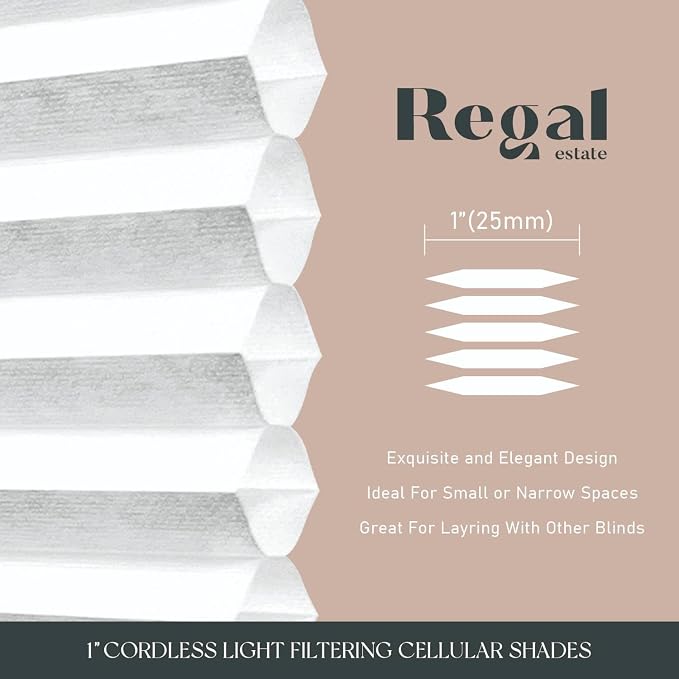 REGAL estate QuickInsta PeelMount No Drill No Tools Cordless 1" Light Filtering Cellular Shade, 39" W x 42" H, White