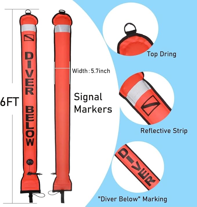 6FT Surface Marker Buoy (SMB), High Visibility Scuba Diving Surface Marker Signal Tube with Reflective Strip for Underwater Scuba Diving Underwater Sports