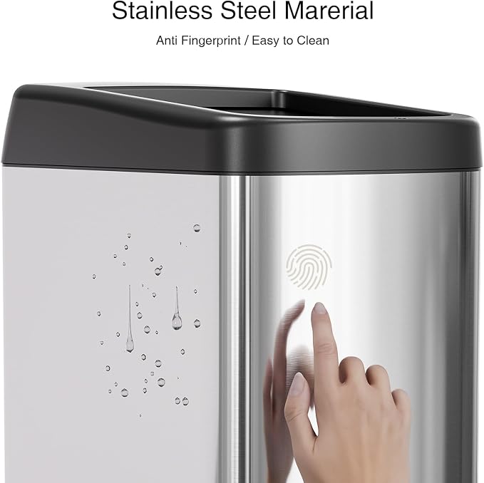 ELLO&ALLO 13 Gallon Kitchen Trash Can with Roll Up Lid, Automatic Touchless Motion Sensor Rectangular Trash Can with Wheels, Brushed Stainless Steel Finish