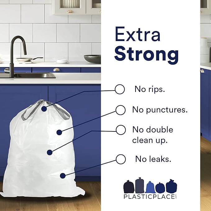 Plasticplace Custom Fit Trash Bags, Compatible with simplehuman Code R (200 Count) White Drawstring Garbage Liners 2.6 Gallon/ 10 Liter 16.5" x 18"