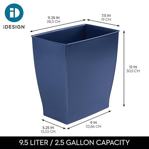 iDesign Small Plastic Bathroom Trash Can, Slim Rectangle Garbage Bin for Bedroom, Office, Dorm, 2-Pack, Navy Blue