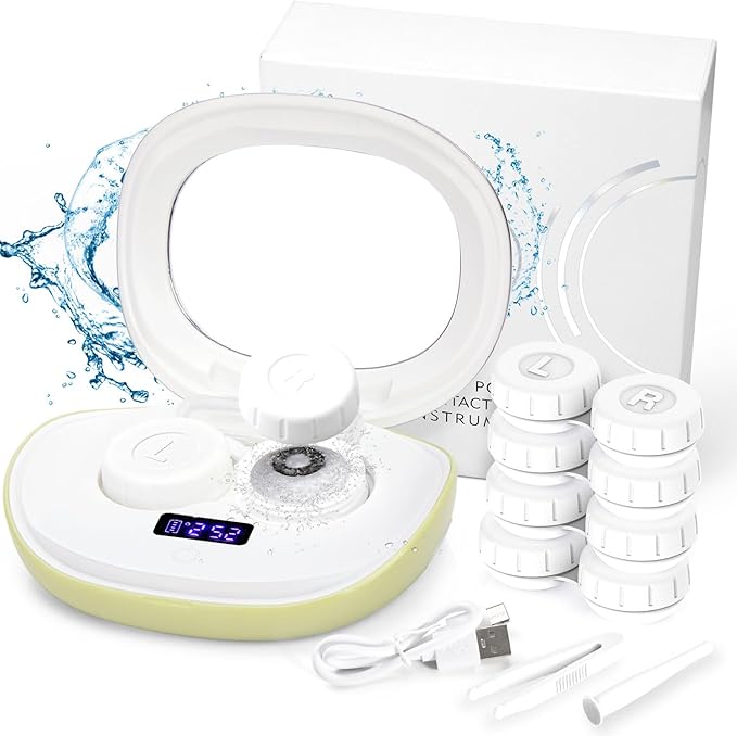 Contact Lens Cleaner, Portable Ultrasonic Contact Lens Cleaning Machine with USB Charger, LED Timer Display & 5 Contacts Solution Cases Kit for Soft Hard Colored RGP Lenses (Avocado Green)