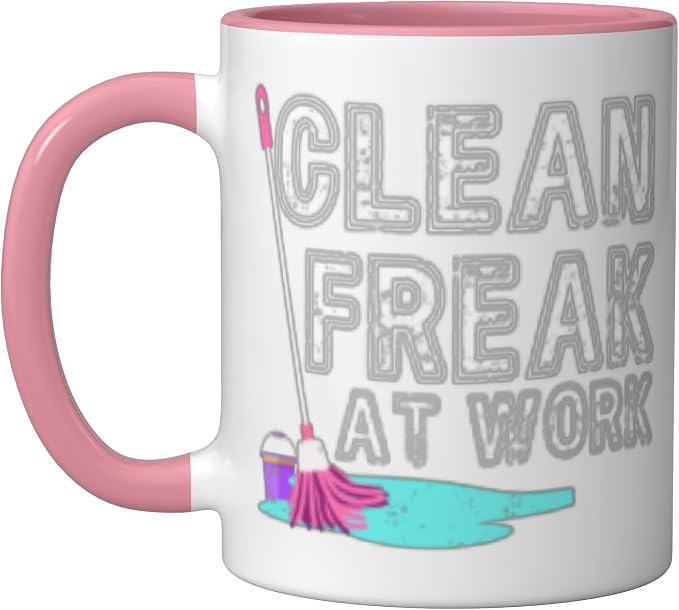 Clean Freak at Work Cleaning Ceramic Mug, Pink/White