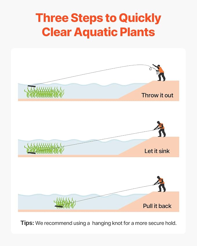 VEVOR 24 in Aquatic Weed Rake, 8.7 in Double Sided Lake Weed Rake, Pond Weeds Cutter with 30ft Rope, Tie Hole, No Assembly Required, Lightweight Muck Lilypad Clearing Tool for Pond, Lake, Rivulet
