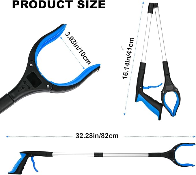 6-Pack 32" Grabber Reacher Tool, 360° Rotating Head, Wide Jaw, Foldable Reacher Grabber Pickup Tool,Anti-Slip Rotating, 4" Wide Claw Opening Grabbers for Seniors (Blue)