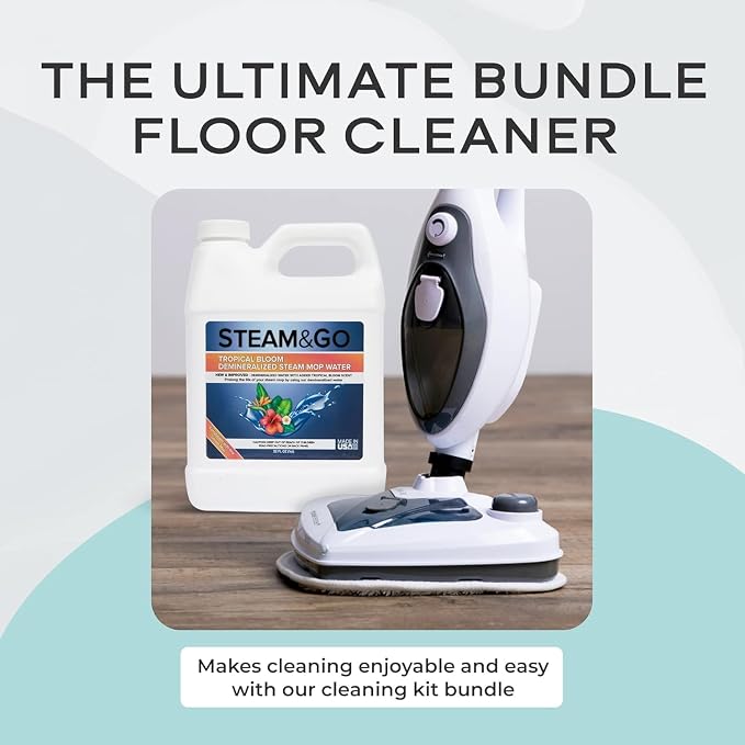 Steam & Go - The Housekeeper Steam Cleaner For Floors & Demineralized Water Bundle, 10-in-1 Hard Floor Cleaner Machine & Grout Steam Cleaner with Floor Cleaning Solution, 32 oz, Tropical Bloom Scent