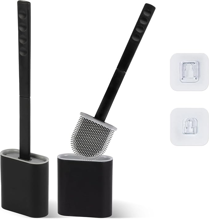 Modern Minimalist Silicone Black Toilet Brush with Holder - Pack of 2 Toilet Bowl Brush Set - Self-Cleaning & Splash-Free, Easy-Rinse Design with Wall Mounted Holder Bathroom Accessory.