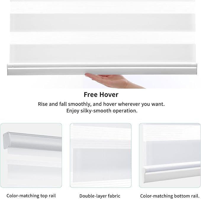 MYshade Cordless Zebra Blinds with Free-Stop Function - Dual Layer Light Filtering & Privacy Sheer Shades for Day and Night - Easy Install Window Shades for Home, Living Room, 32" W x 64" H,White