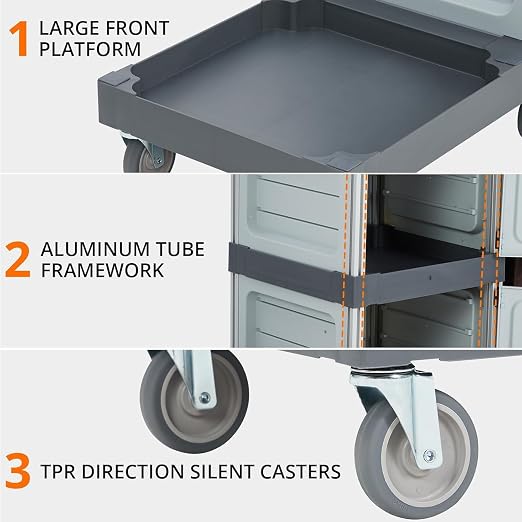 Janitorial Cart with 2 Cabinet, Commercial Traditional Janitorial 3-Shelf Cleaning Cart On Wheels with Cover and Vinyl Bag, for Housekeeping Hotels Apartment