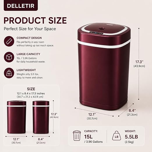 Smart Trash Can, Motion Sensor Trash Can with Lid, 15L Touchless Automatic Garbage Can for Bathroom, Bedroom & Office, Stainless Steel, Quiet Soft-Close, Long Battery Life, Wine