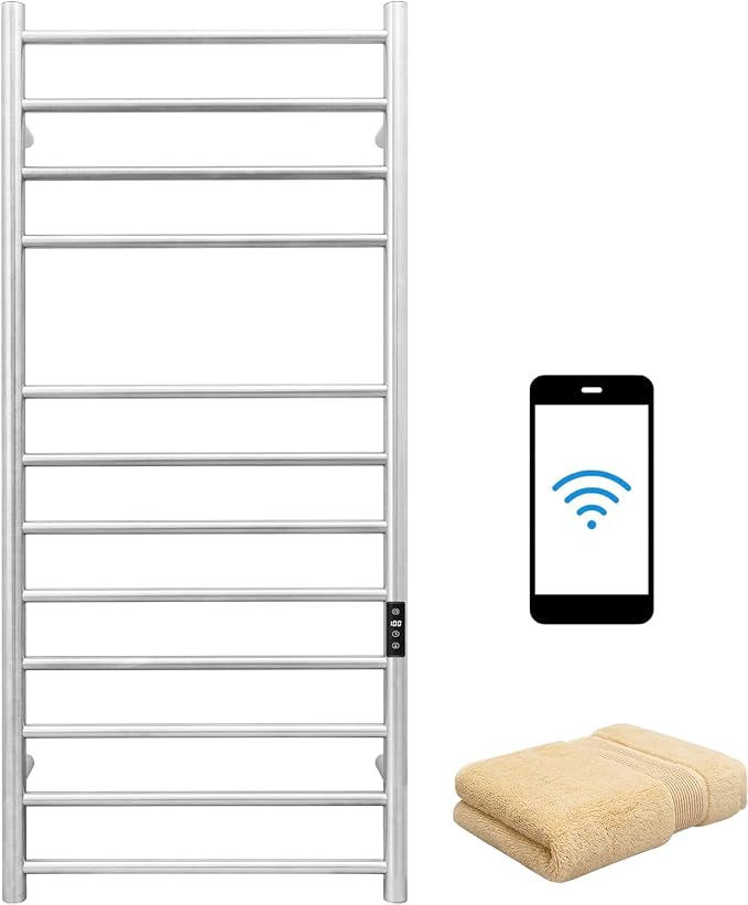 KEG Smart WiFi Towel Warmer Wall Mounted with Built-in Timer and Temperature Adjust Control, 12 Bars Electric Stainless Steel Heated Towel Racks for Bathroom Brushed Nickel