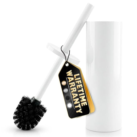 Stainless Steel Toilet Brush and Holder Set White - Long Handle Toilet Bowl Cleaner Brush and Holder - Removable Inner Liner, Shiny Design, Splash Protection & Dense Bristles for Bathroom Cleaning
