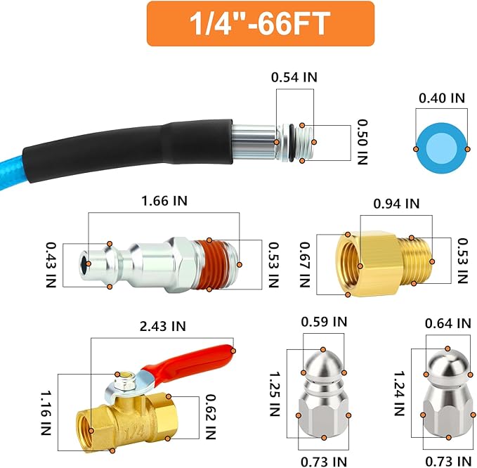 GASHER 66feet Home Dryer Vent Duct Cleaning Kit, 2 Jetter Nozzle, 1/4" NPT Ball Valve, 1/4" NPT Air Plug, 1/4"NPT Reducer Adapter