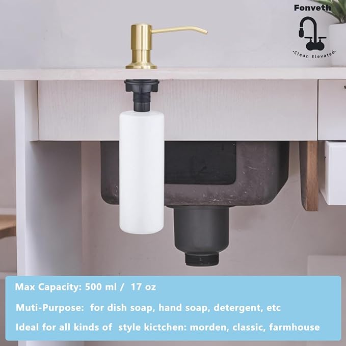 Built in Sink Soap Dispenser Brushed Champagne Gold with Long Spout for Kitchen Sink, Stainless Steel Pump Head with 17 OZ Large Capacity Bottle