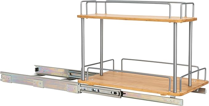Household Essentials Glidez Steel and Bamboo Pull-Out/Slide-Out Storage Organizer for Under Sink or Cabinet Use - 2 -Tier Design - Fits Standard Size Cabinet or Shelf, Brushed Silver and Natural