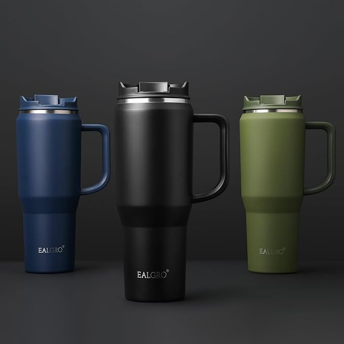 EALGRO 50 oz Tumbler with Handle, Insulated Tumblers with Lid and Straw, Large Metal Sports Water Bottle Jug, Thermal Stainless Steel Travel Coffee Mug Cup, Black