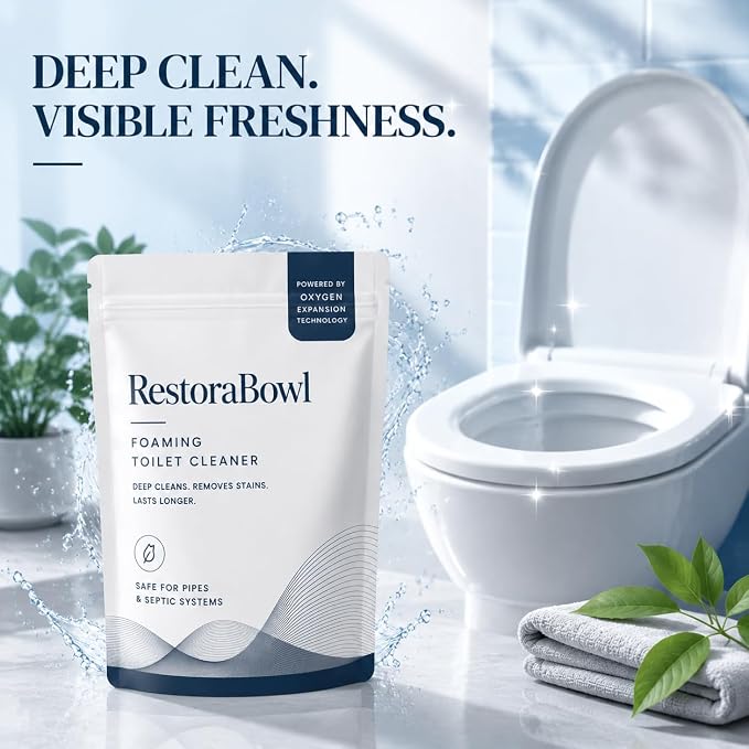 RestoraBowl Toilet Bowl Cleaner Foam, Bathroom Cleaning Powder for Daily Use, Oxygen-Based Fast Dissolving Formula, Helps Remove Stains & Maintain Freshness, 3.53 Oz.