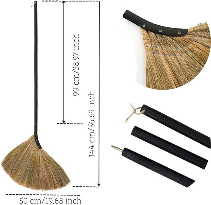 Vietnamese Straw Soft Broom - Indoor Grass Broom - Sweeping Hand with Black Long Handle Broomstick for House, Garage, Office, Lobby Room, Kitchen with 56.69 in Length