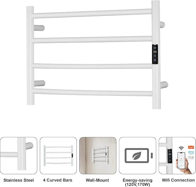 Electric Towel Rack with Voice Control for Alexa & Google Home,TUYA - Wall-Mounted Bathroom Heating Towel Warmer,Plug-in,Stainless Steel Material,16.54x23.62x5.51 in,White,4 Bars