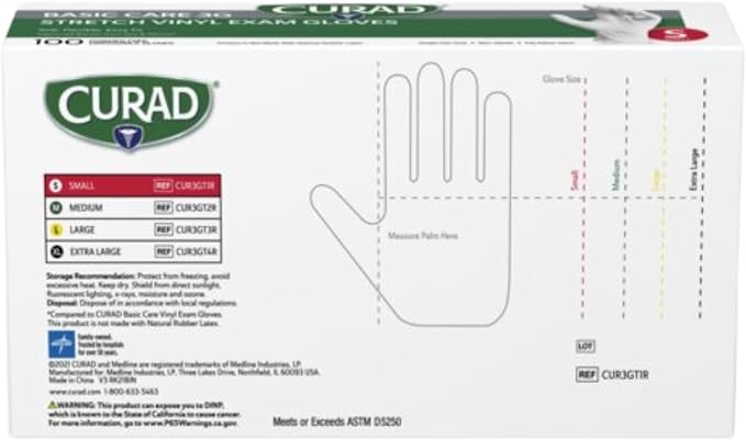 Curad Basic Care 3G Stretch Vinyl Exam Gloves, Powder Free, Small, 100 Count (Pack of 3)