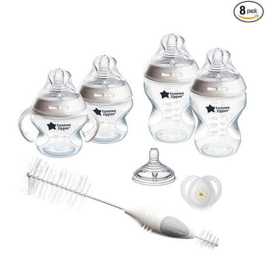 Tommee Tippee Natural Start Baby's First Bottle and Pacifier 8 Piece Set, 2 x 5oz and 2 x 9oz Anti-Colic BPA Free Bottles, 2 Extra Slow and Medium Flow Nipples, 2, 0-6 Month Pacifiers, Clear