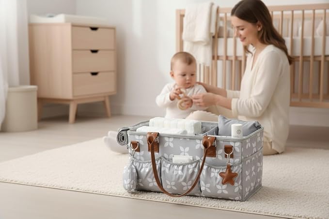 Moteph Diaper Caddy with Changing Mat, Large Baby Diaper Caddy Organizer with Lid, Portable Organizer Basket for Nursery and Car, Shoulder Strap and Pacifier Organizer