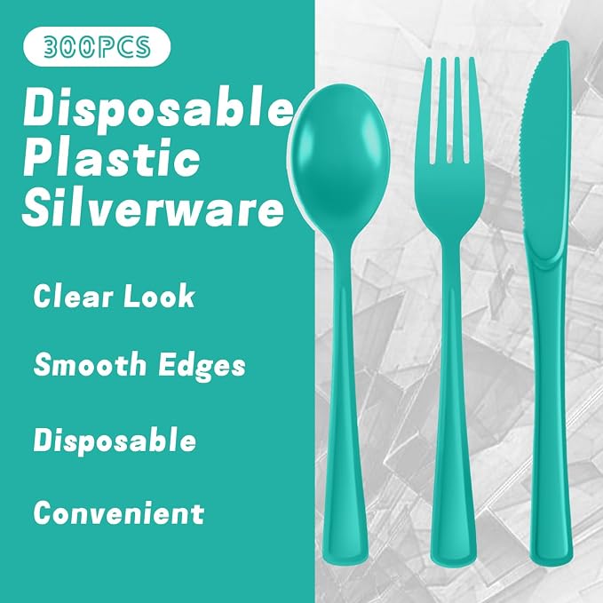 Plastic Silverware 300 PCS Disposable Silverware Heavy Duty Utensil Sets 100 Of Each Forks Knives & Spoons Disposable Cutlery Set For Easter,Birthday,Baby Shower,Garden Party,Wedding(300,Light Green)