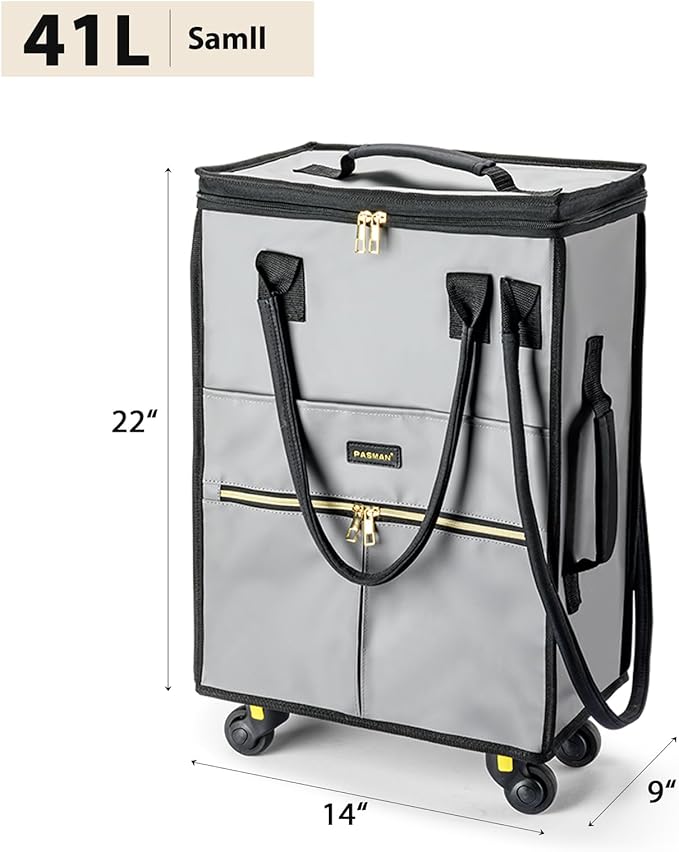 Reusable Grocery Bag on Wheels, Foldable Rolling Duffle Bag, Carry on Luggage Bag with Handle and Zipper Cover for Travel, Lightweight Rolling Tote Shopping Carts (Matte-Pink, Small_41L)