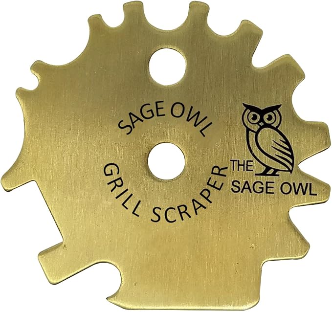 Sage Owl Bristle-Free Stainless Steel BBQ Grill Scraper with 17.5’’ Handle Combo - Brass Grill Cleaner for Outdoor, Porcelain Grates, Charcoal Grills Barbecue Tool - Gifts for Man