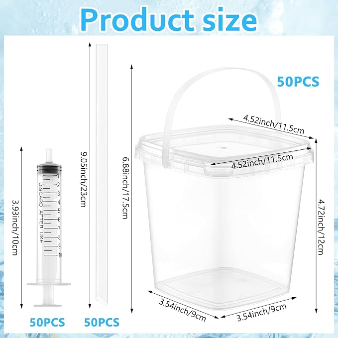 50 Sets Clear Plastic Drink Buckets with Lids Straws Syringes and Handles - 34 oz Disposable Rum Drink Buckets Punch Bowls for Wine Beer Cocktai Pool Beach Party Supplies
