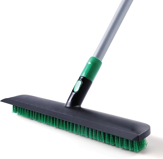 Eyliden Floor Scrub Brush, 15-inch Wide, 55" Long Handle Deck Brush | 2-in-1 Stiff Bristles and Rubber Squeegee, 45° Angle Head, Telescoping Handle, for Bathroom Shower Kitchen Patio Garage