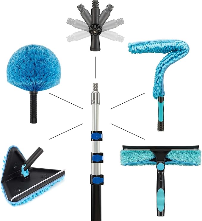 25 Foot Painted Wall Cleaner Mop with 18 Ft Heavy Duty Extension Pole, 3-in-1 High Ceiling Cleaning Tool with 4 Microfiber Chenille Pad, Cobweb Duster, Fan, Baseboard, Window Squeegee Kit (18ft)