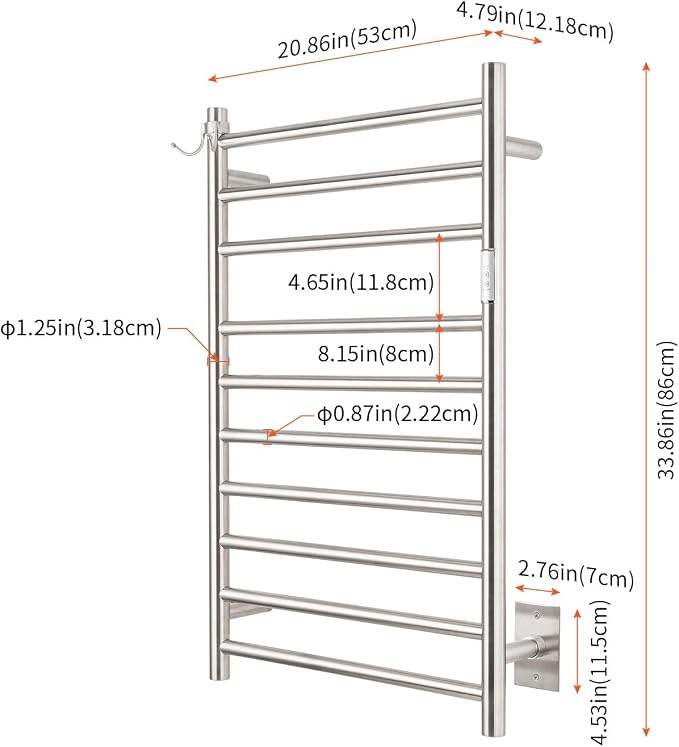 Wall Mounted Towel Warmer 10 Bars with Plug-in and Hardwired Options 3 Working Modes Brushed Stainless Steel 21” W 34” H