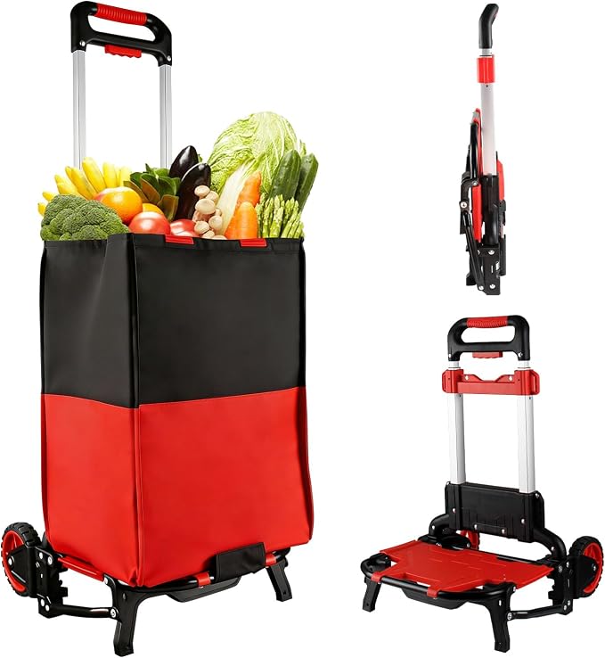 APOXCON Folding Shopping Cart with Removable Waterproof Bag and Bungee Cord, Heavy Duty Push Cart with Mute Wheels, Portable Hand Truck for Shopping, Groceries, Travel and Office Use