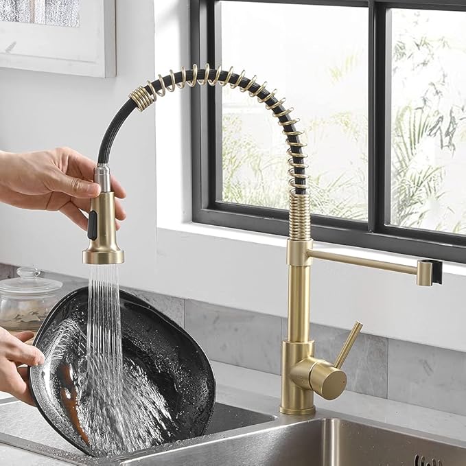 Kitchen Faucets with Pull Down Sprayer 304 Stainless Steel Industrial Single Handle One Hole Faucet for Farmhouse Camper Laundry Utility Rv Wet Bar Sinks Gold 9009K