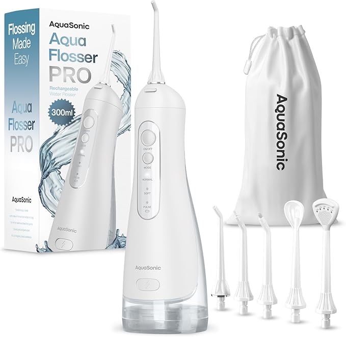 AquaSonic Aqua Flosser PRO - Rechargeable Electric Cordless Water Flosser for Teeth, Gums & Tongue - Waterproof Modern Design, 300ml Large Tank, 3 Modes, 6 Jet Tips, Deluxe Tongue Nozzle - Optic White