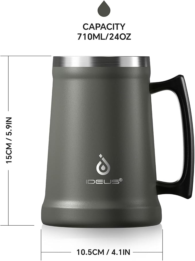Ideus Insulated Beer Stein, 24/32oz Stainless Steel Double Walled Beer Mug Giant Bar Drinkware Metal Beer Cup with Big Grip Handle (Grey, 24 ounces (710ml))