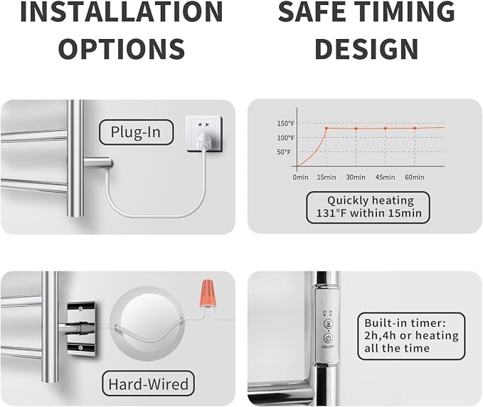 8-Bar Towel Warmer Plug-in Hardwired 3 Modes Mirror Steel 21”W 34”H | can be surface-mounted or flush-mounted, with wiring/cable exit available on either the right or left side.