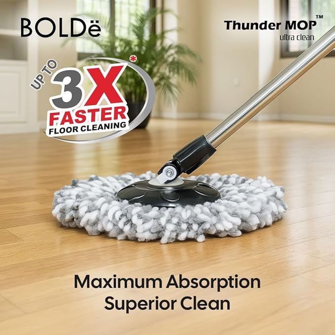 Thunder MOP Spin System - Ultra Clean - Single Bucket Microfiber Head, Stainless Steel Wringer, Antifungal Quick-Dry Cleaning, Soap Dispenser, 3 Free Refills (Navy/Cyan)