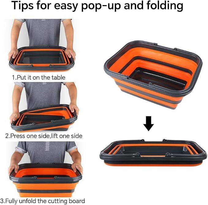 Monozuki Collapsible Sink 4.8Gal/18.1L, Heavy Duty Foldable Basin with Handles for Camping, Car Wash, Kitchen – Also Use as Storage Basket for Home, Garage, RV(Orange)