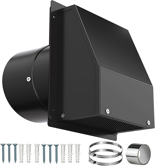 8 Inch Wall Vent with Screen and Damper, Galvanized Steel Hooded Wall Vent Cover with Hose Clamps Aluminum Foil Tape Screws Black Metal Exhaust Duct Cap Kit for Outdoor Kitchen Range Hood Bathroom