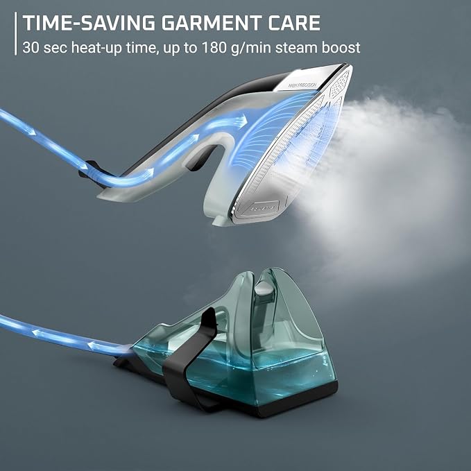 Rowenta 2-in-1 Duo Force Iron and Steamer for Clothes, 1700W Steam Iron, Stainless Steel Soleplate, Ultra-Lightweight, Detachable 13.5-oz Water Tank, Clothes Steamer, Anti-Drip, Black & Green, JR4030