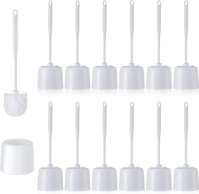 Roshtia 12 Sets Toilet Brush and Holder Set for Bathroom Toilet Bowl Brush Scrubber with Caddy for Deep Cleaning, 14.57 Height (White)