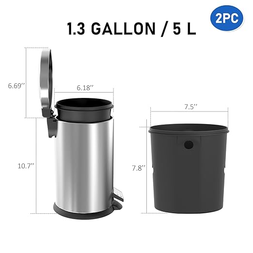 SIMPLYKLEEN Bathroom Trash Can with Lid - 2PC 1.3 Gallon/5L Oval Small Trash Can with Soft-Close Lid, Foot Pedal, Brushed Stainless Steel, Removable Liner, Garbage can for Kitchen, Office, Home Silver