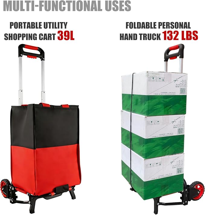 APOXCON Folding Shopping Cart with Removable Waterproof Bag and Bungee Cord, Heavy Duty Push Cart with Mute Wheels, Portable Hand Truck for Shopping, Groceries, Travel and Office Use