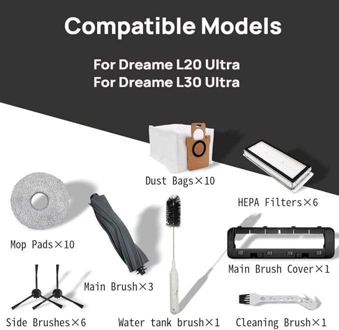 38Pcs Replacement Parts for Dreame L30 Ultra/L20 Ultra Vacuum Cleaner Accessories Kit，3 Main Brushes, 1 Main Brush Cover,6 Side Brushes, 6 Filters, 10 Dust Bags, 10 Mop Pads，2 Cleaning Brush