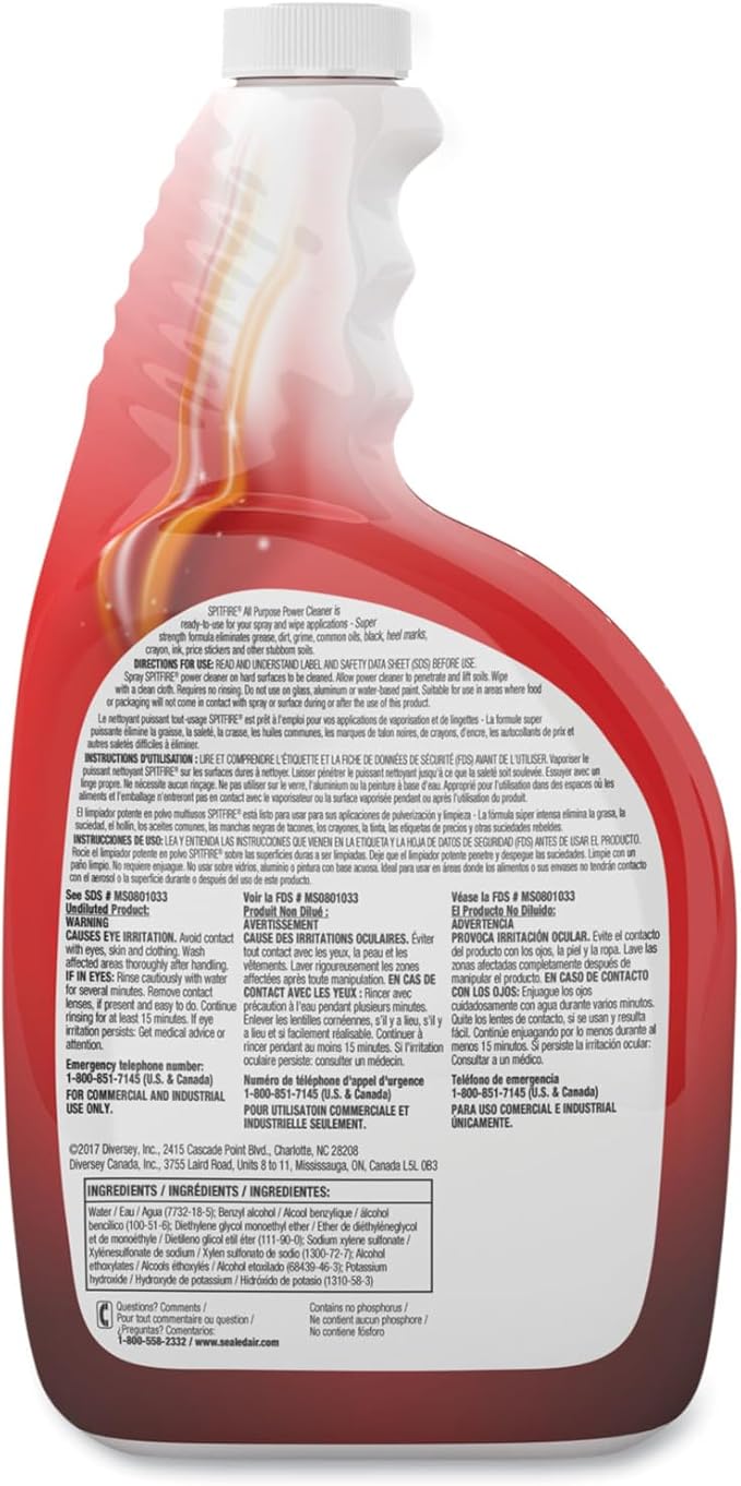 Spitfire Professional All Purpose Heavy Duty Power Cleaner Degreaser, Removes Dirt Grime and Black Heel Marks, 32 Fl Oz bundled with Microfiber Cloth